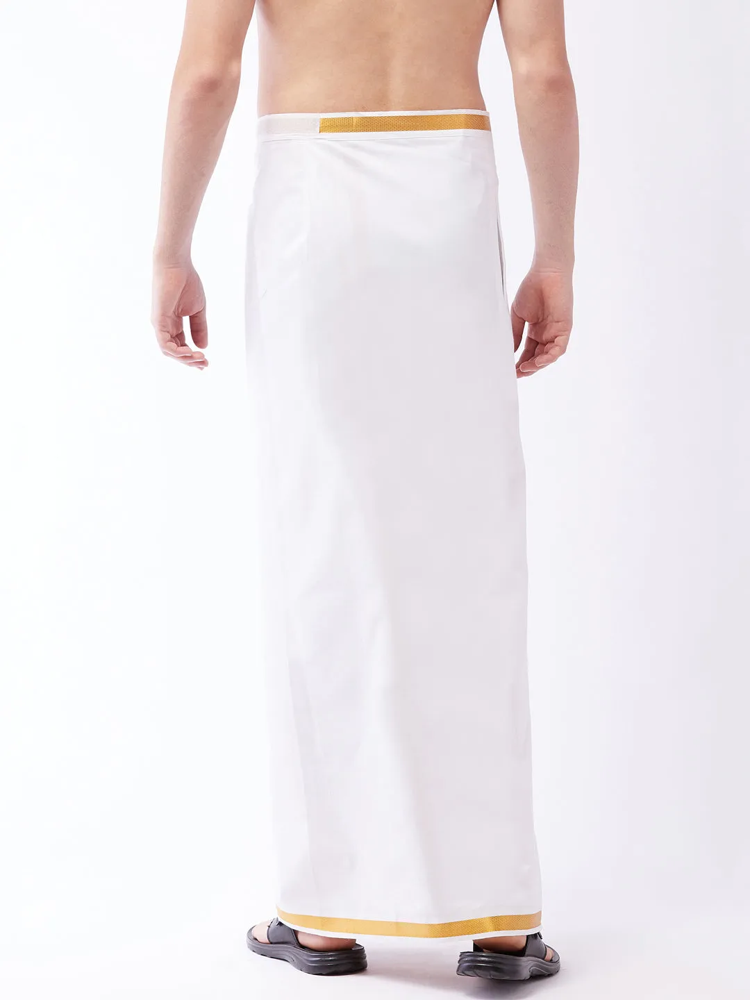 VASTRAMAY Men's White And Gold Dhoti/Mundu/Vesty