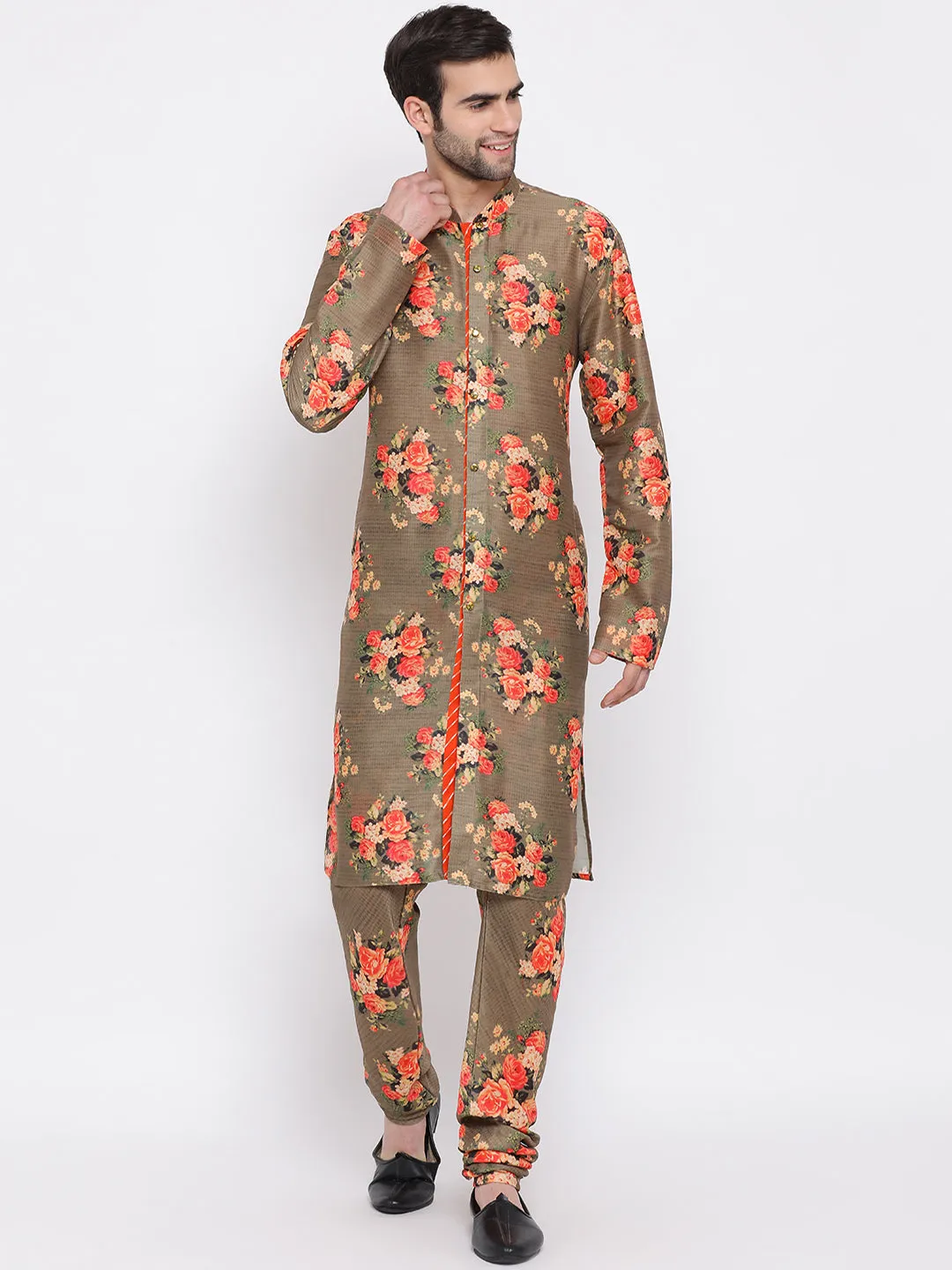 Vastramay Multicolored-Base-Chiku Baap Beta Jacket Kurta Pyjama set