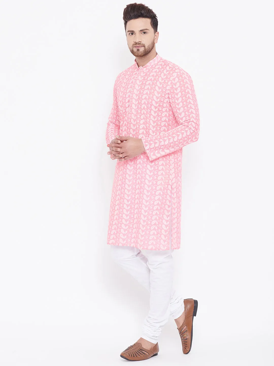 VASTRAMAY Pink Pure Cotton Kurta Chikankari Pyjama Baap Beta Set