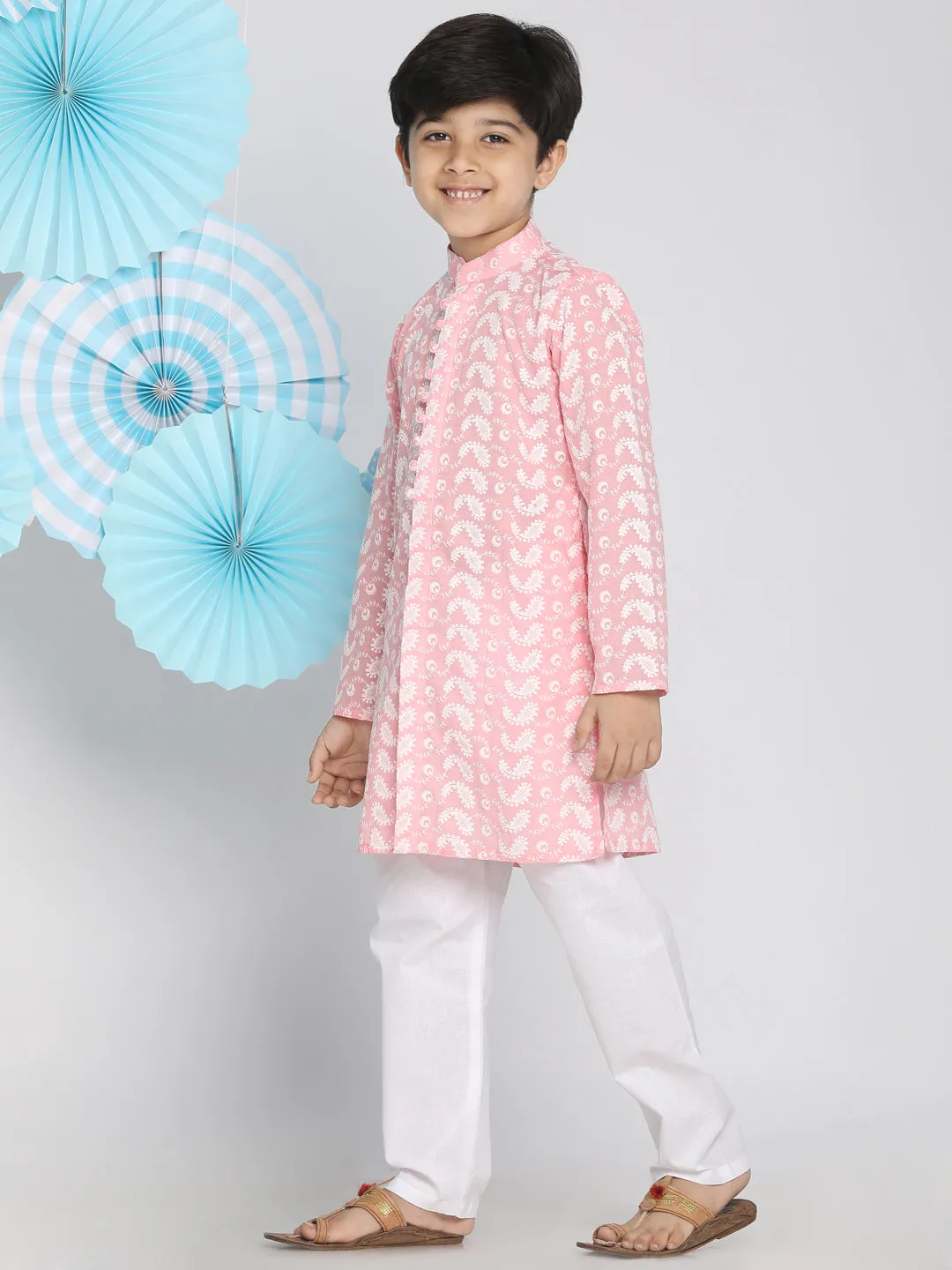 VASTRAMAY Pink Pure Cotton Kurta Chikankari Pyjama Baap Beta Set