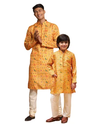 VASTRAMAY yellow Ethnic printed Silk Blend Kurta Pyjama baap Beta Set