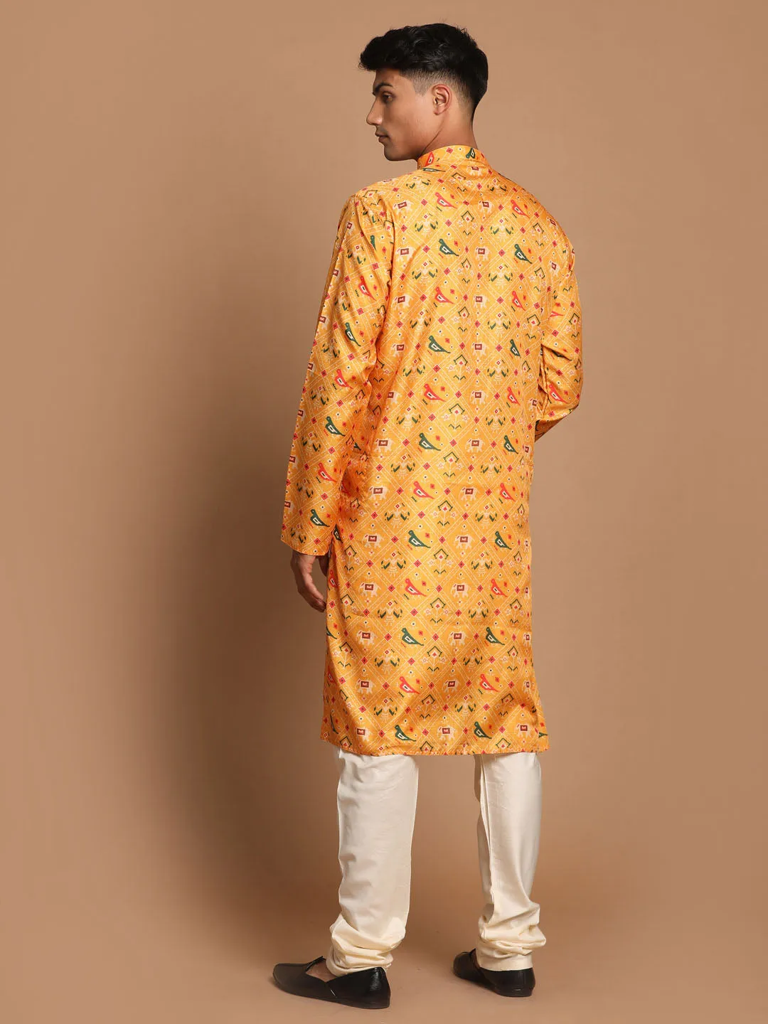 VASTRAMAY yellow Ethnic printed Silk Blend Kurta Pyjama baap Beta Set