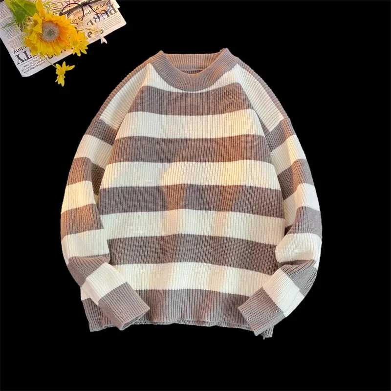 Wiaofellas  -  Men Autumn Sweater Warm Round Neck Pullover Men Striped Contrast Color Sweater Male Harajuku Loose Korean Pullovers M-5Xl