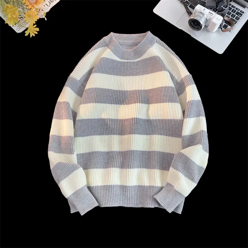 Wiaofellas  -  Men Autumn Sweater Warm Round Neck Pullover Men Striped Contrast Color Sweater Male Harajuku Loose Korean Pullovers M-5Xl