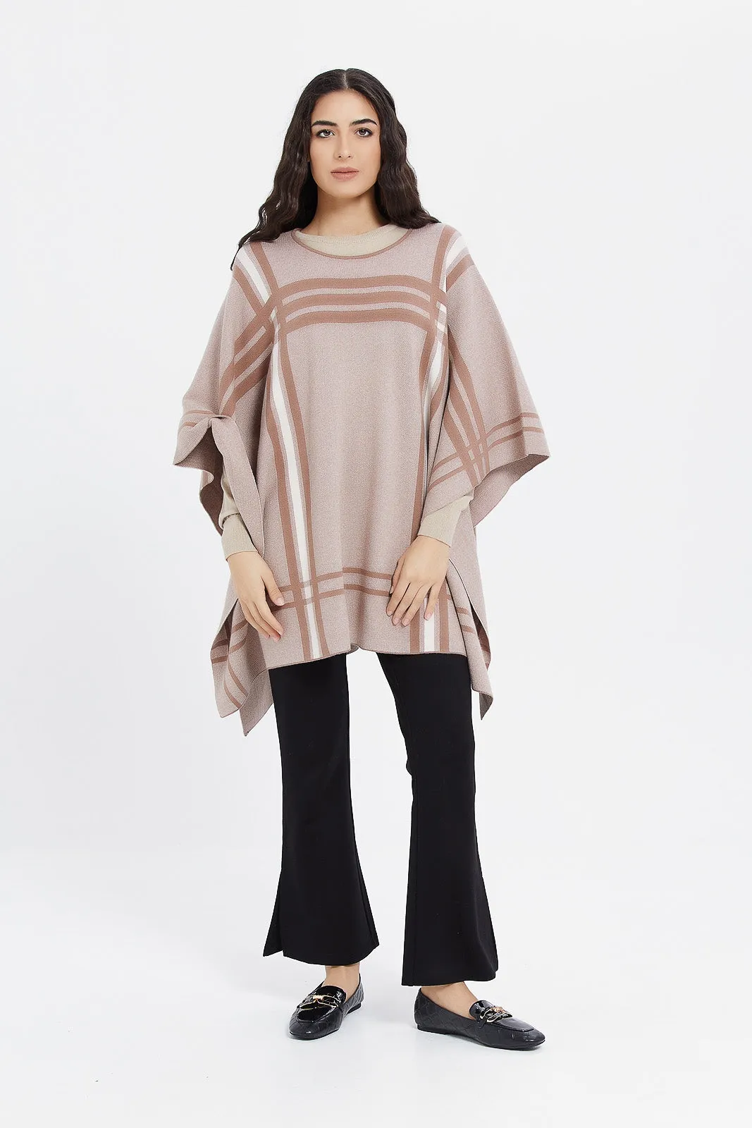 Women Beige Jacquard Poncho Pullover