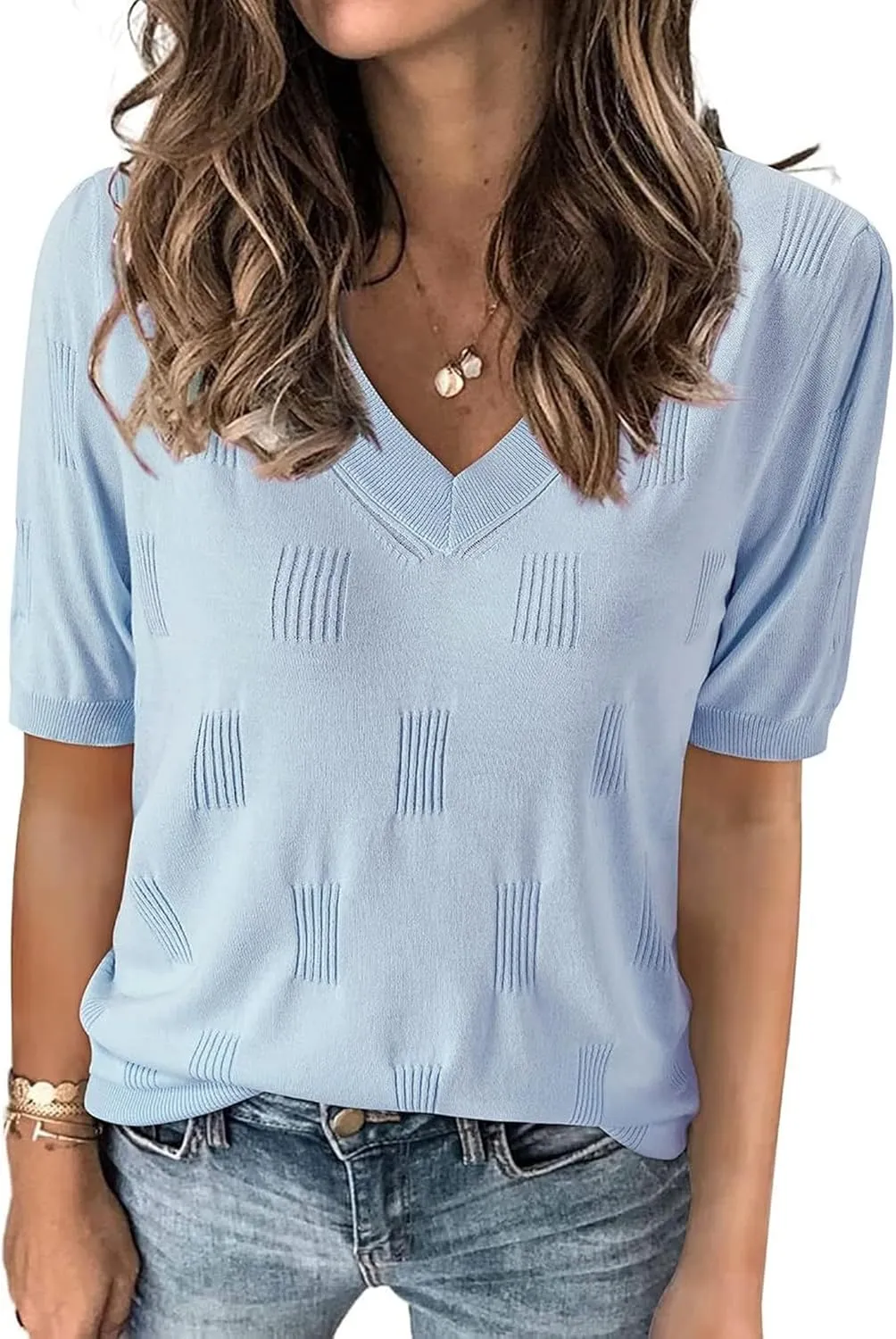 Zeagoo Short Sleeve Sweaters Soft Casual V Neck Pullover Tops