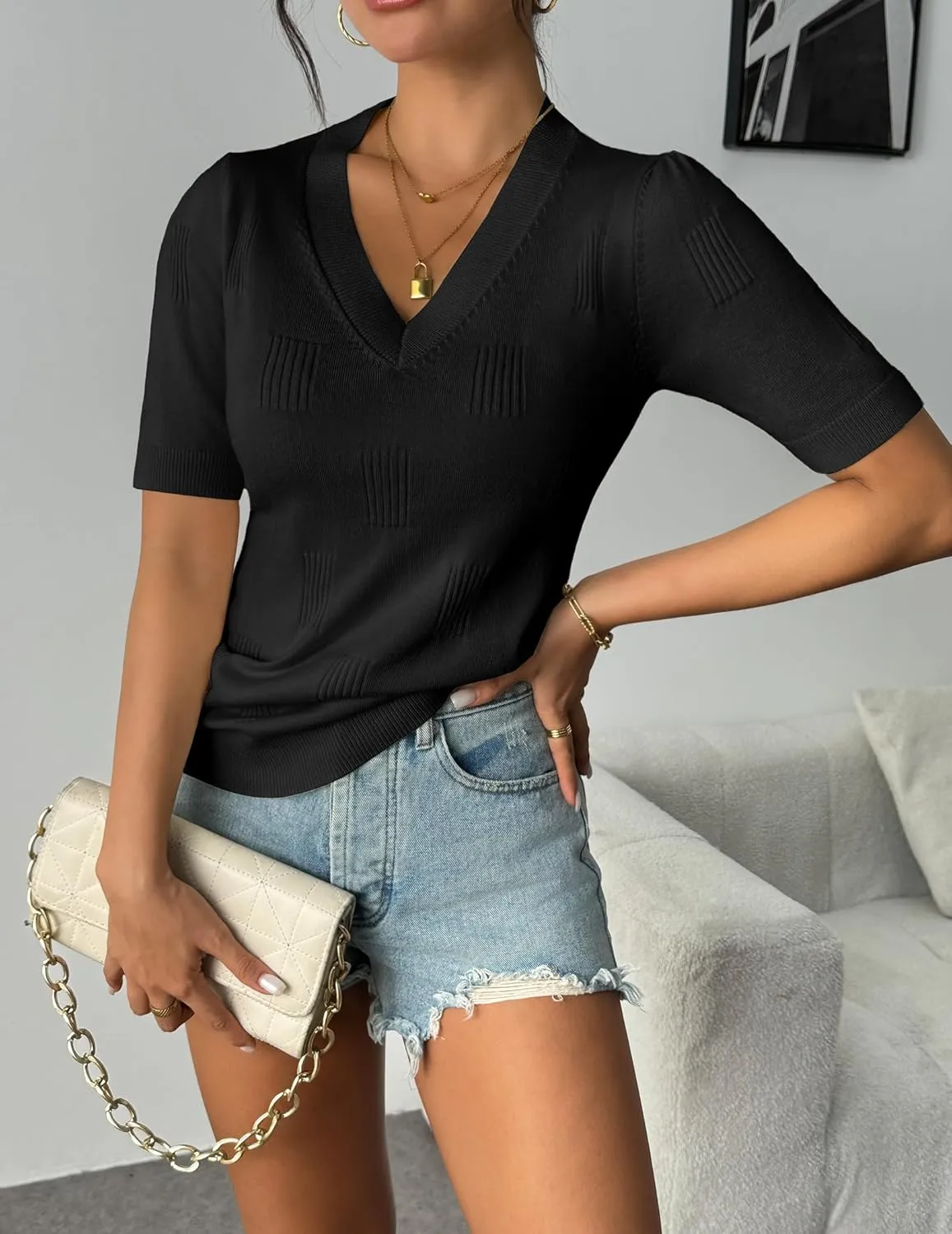 Zeagoo Short Sleeve Sweaters Soft Casual V Neck Pullover Tops