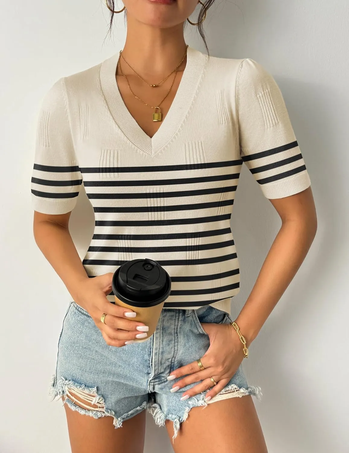 Zeagoo Short Sleeve Sweaters Soft Casual V Neck Pullover Tops