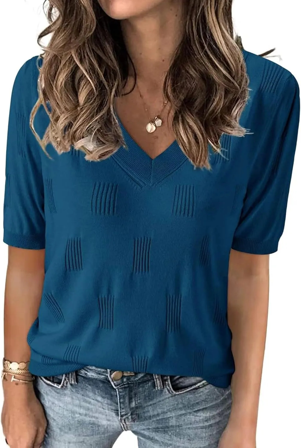 Zeagoo Short Sleeve Sweaters Soft Casual V Neck Pullover Tops