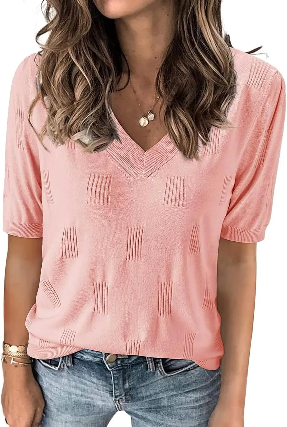 Zeagoo Short Sleeve Sweaters Soft Casual V Neck Pullover Tops