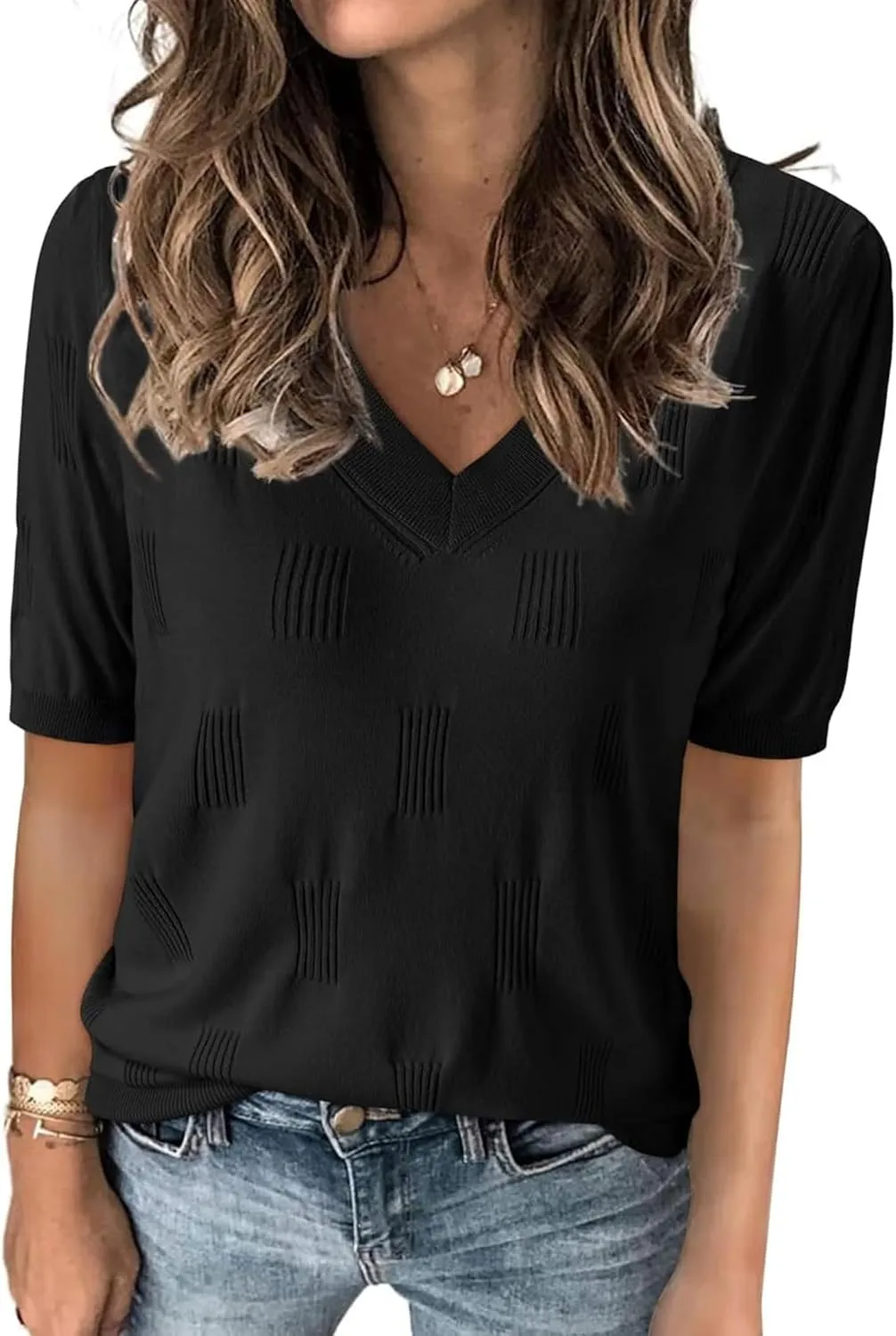 Zeagoo Short Sleeve Sweaters Soft Casual V Neck Pullover Tops