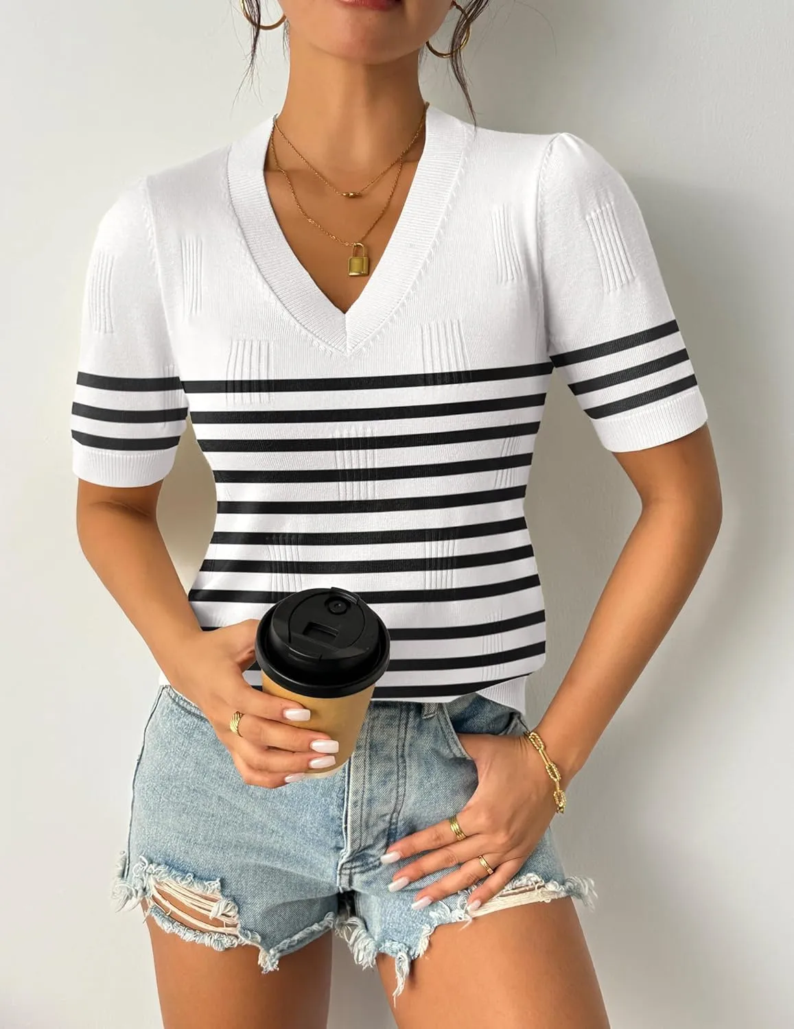 Zeagoo Short Sleeve Sweaters Soft Casual V Neck Pullover Tops