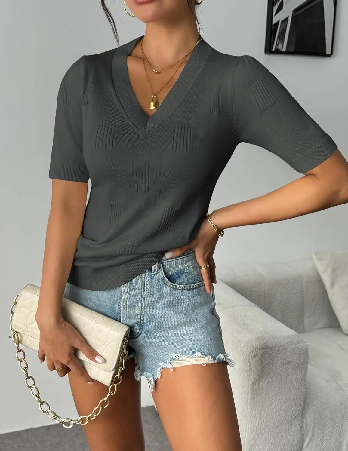 Zeagoo Short Sleeve Sweaters Soft Casual V Neck Pullover Tops