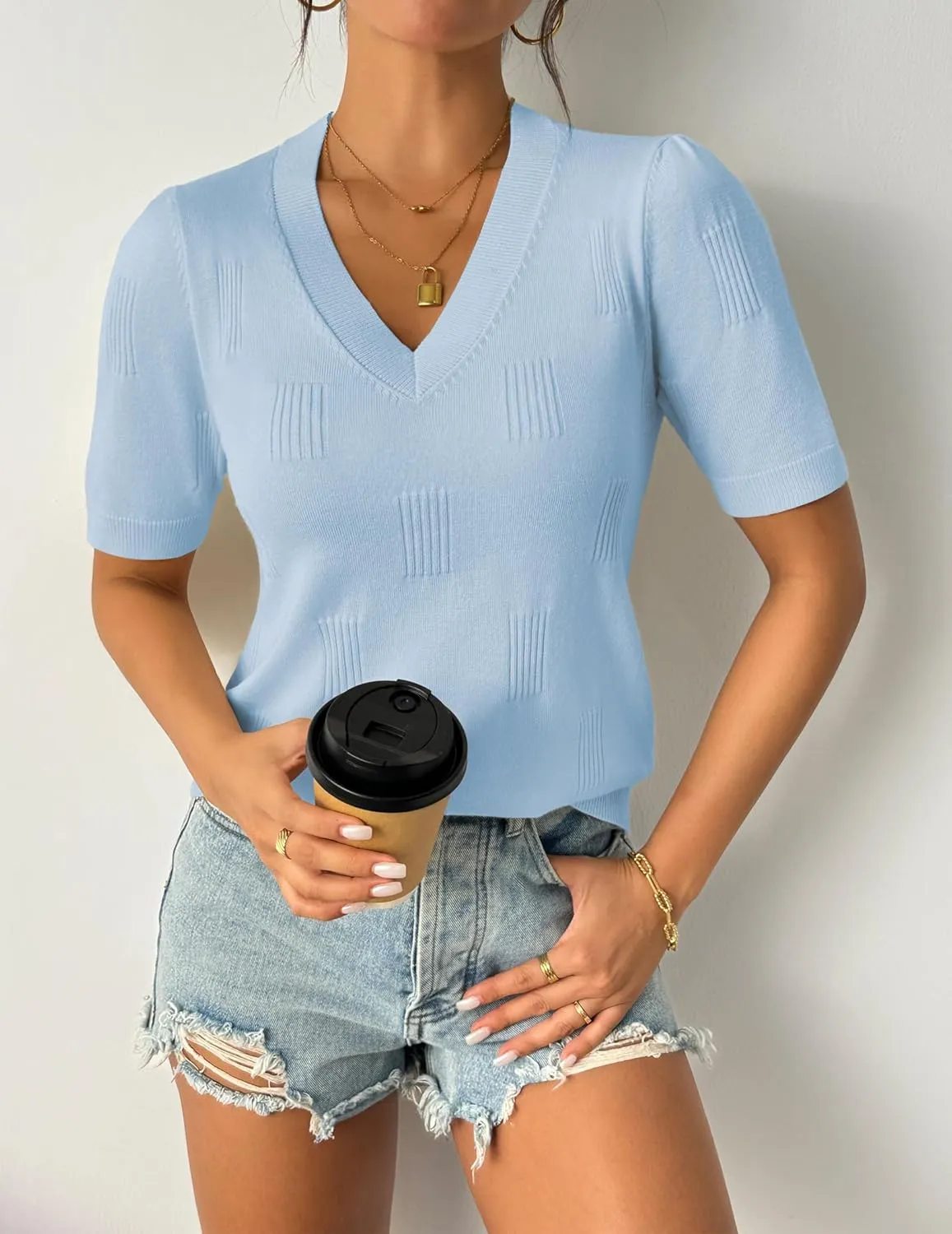 Zeagoo Short Sleeve Sweaters Soft Casual V Neck Pullover Tops