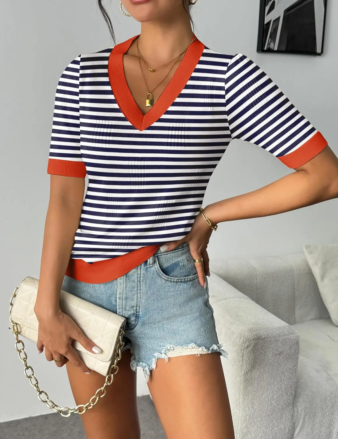 Zeagoo Short Sleeve Sweaters Soft Casual V Neck Pullover Tops