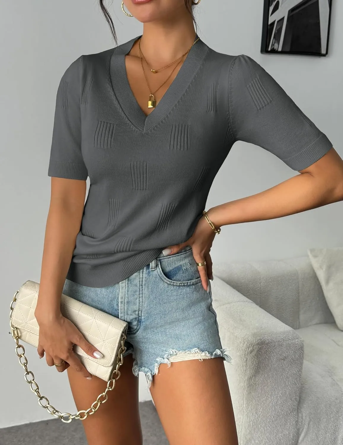 Zeagoo Short Sleeve Sweaters Soft Casual V Neck Pullover Tops