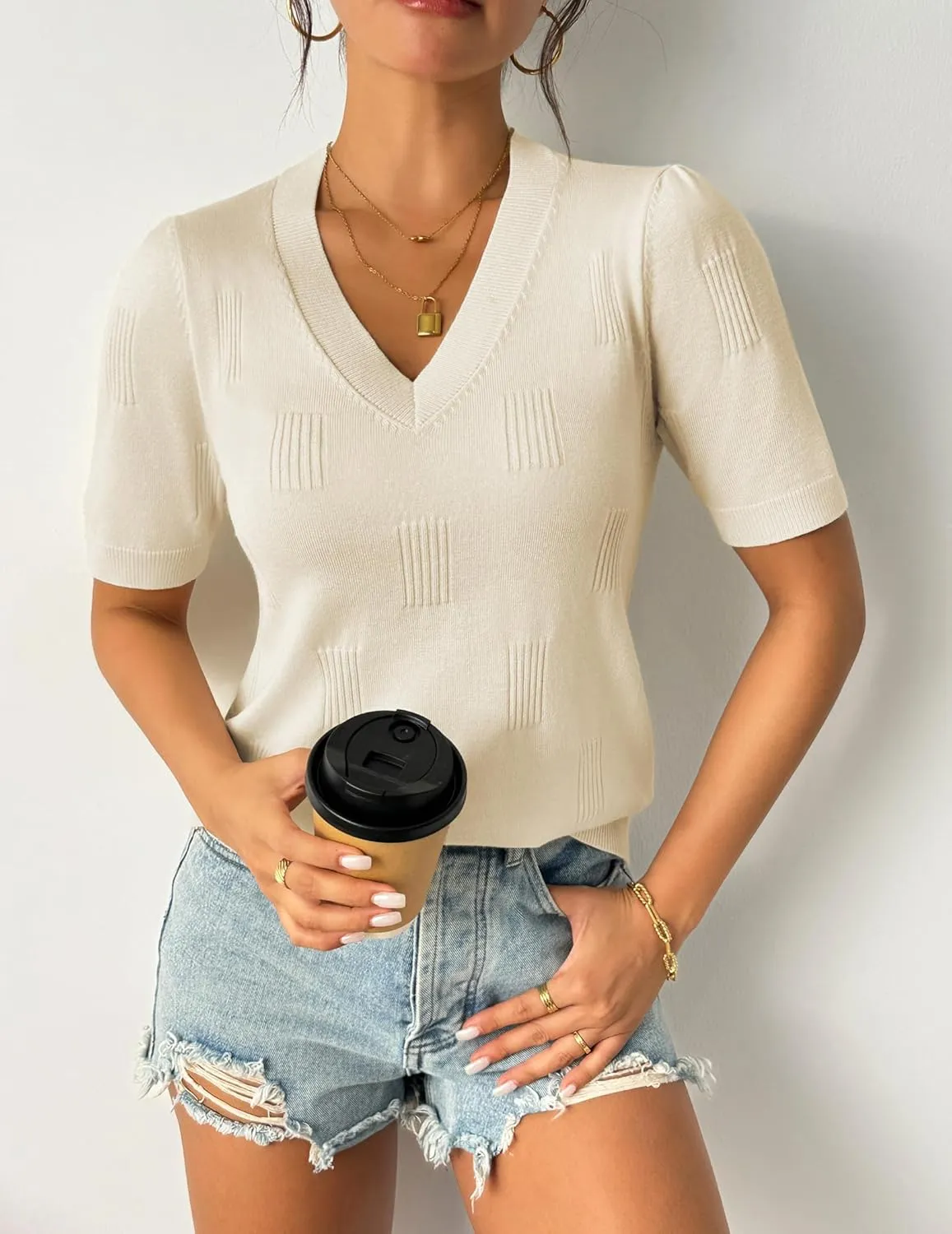 Zeagoo Short Sleeve Sweaters Soft Casual V Neck Pullover Tops