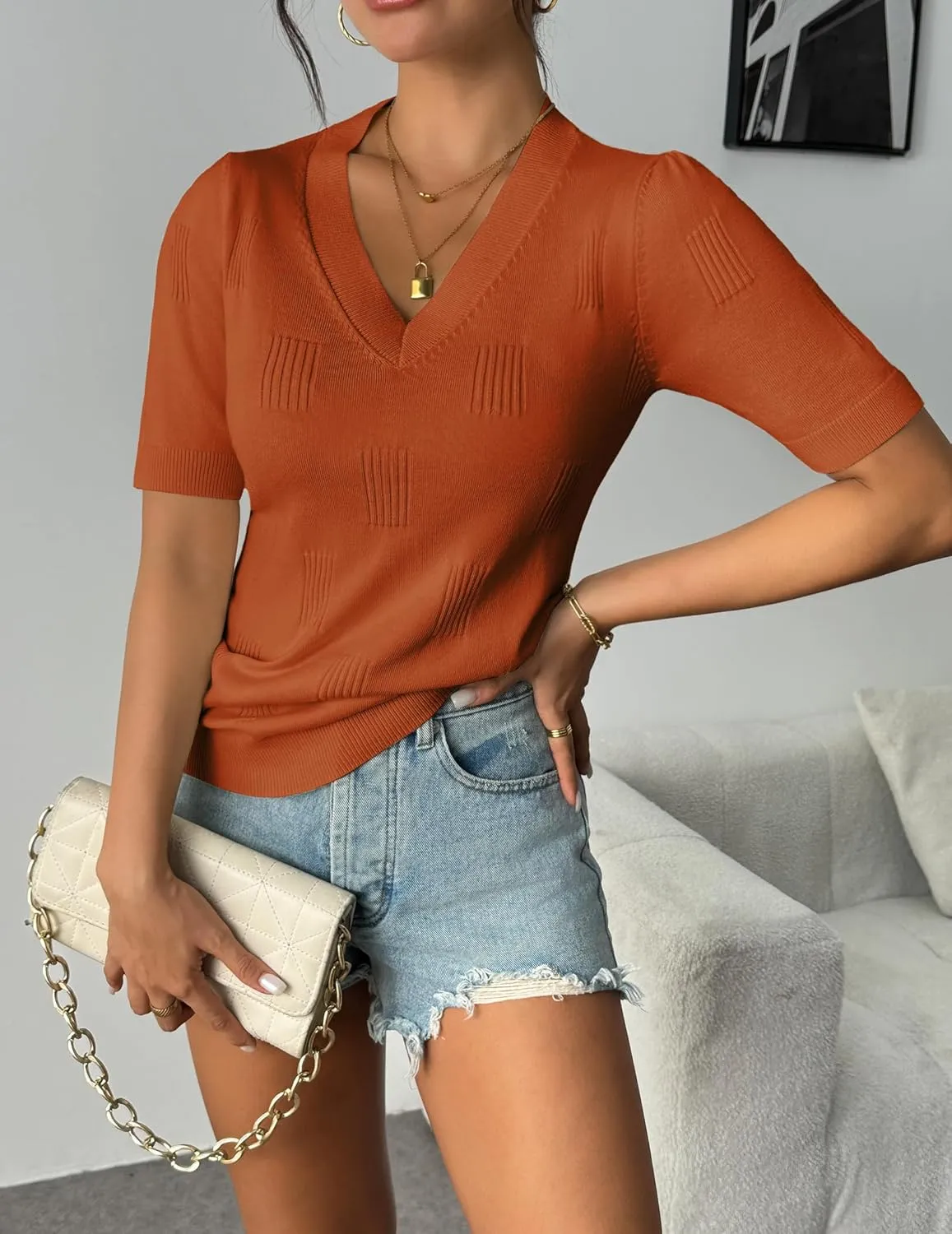 Zeagoo Short Sleeve Sweaters Soft Casual V Neck Pullover Tops