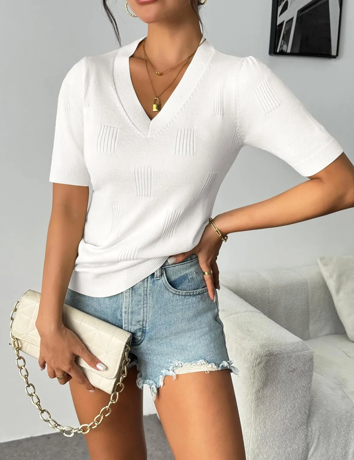 Zeagoo Short Sleeve Sweaters Soft Casual V Neck Pullover Tops