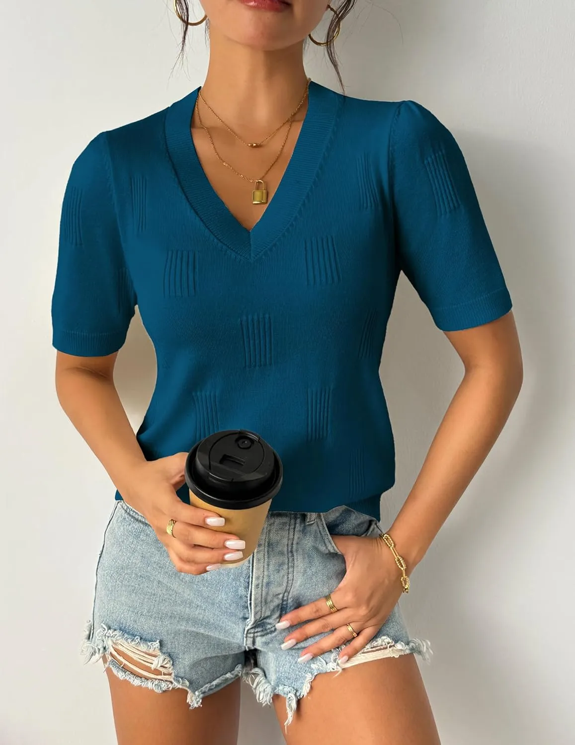 Zeagoo Short Sleeve Sweaters Soft Casual V Neck Pullover Tops