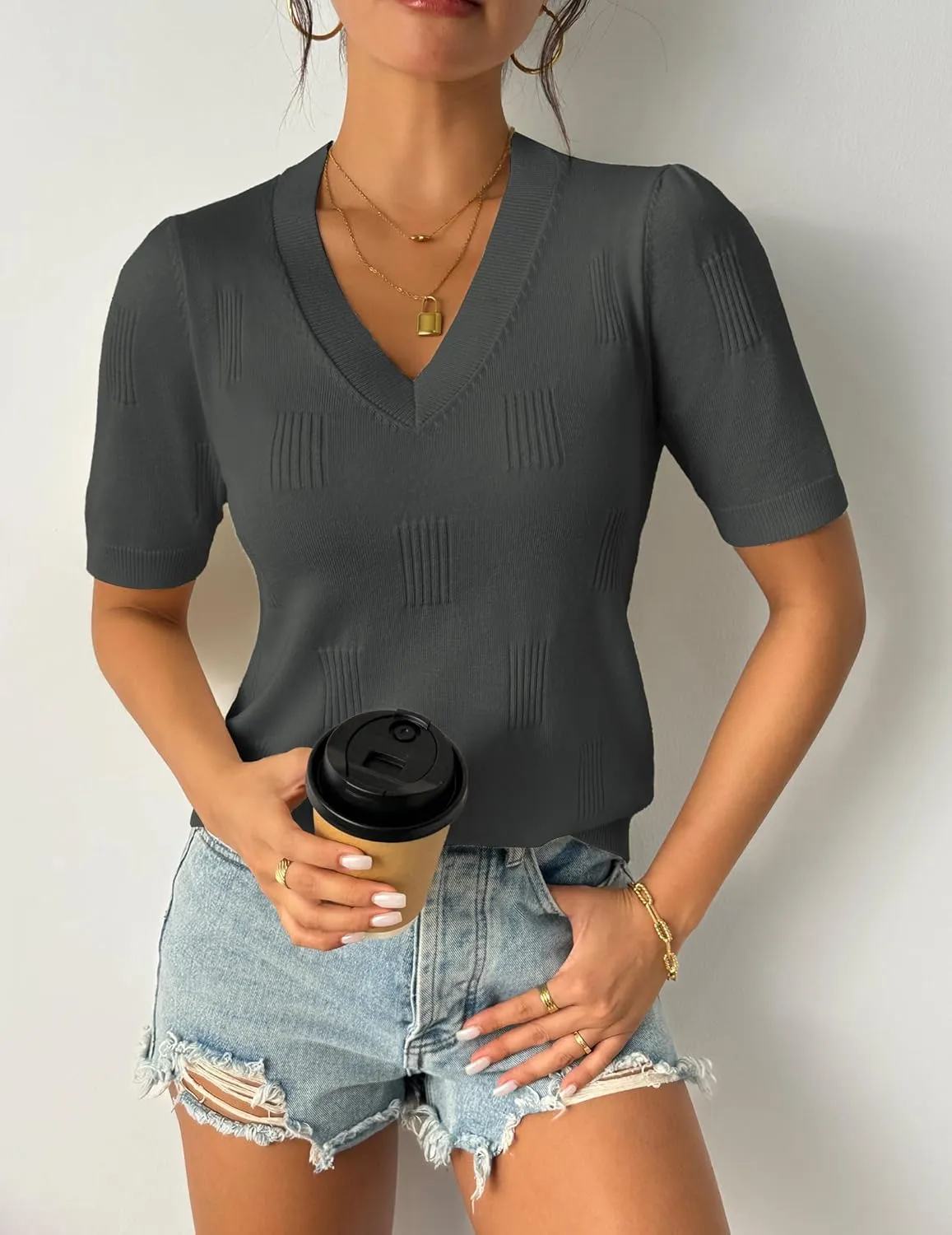 Zeagoo Short Sleeve Sweaters Soft Casual V Neck Pullover Tops