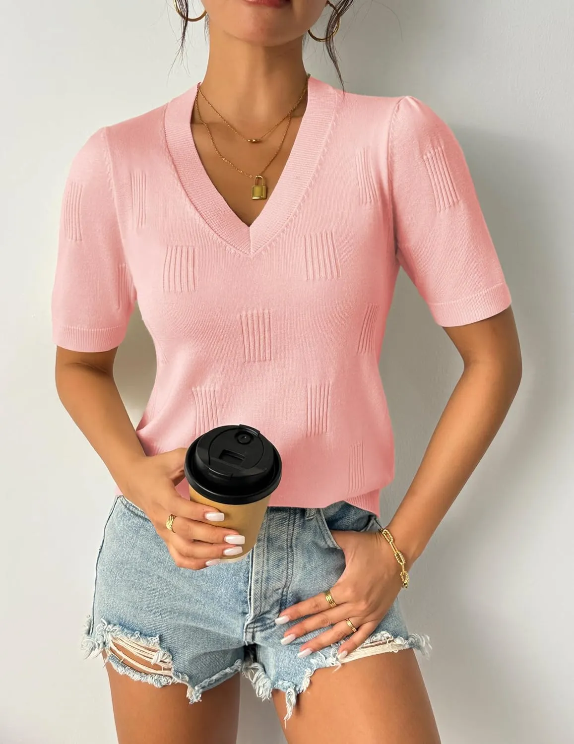 Zeagoo Short Sleeve Sweaters Soft Casual V Neck Pullover Tops