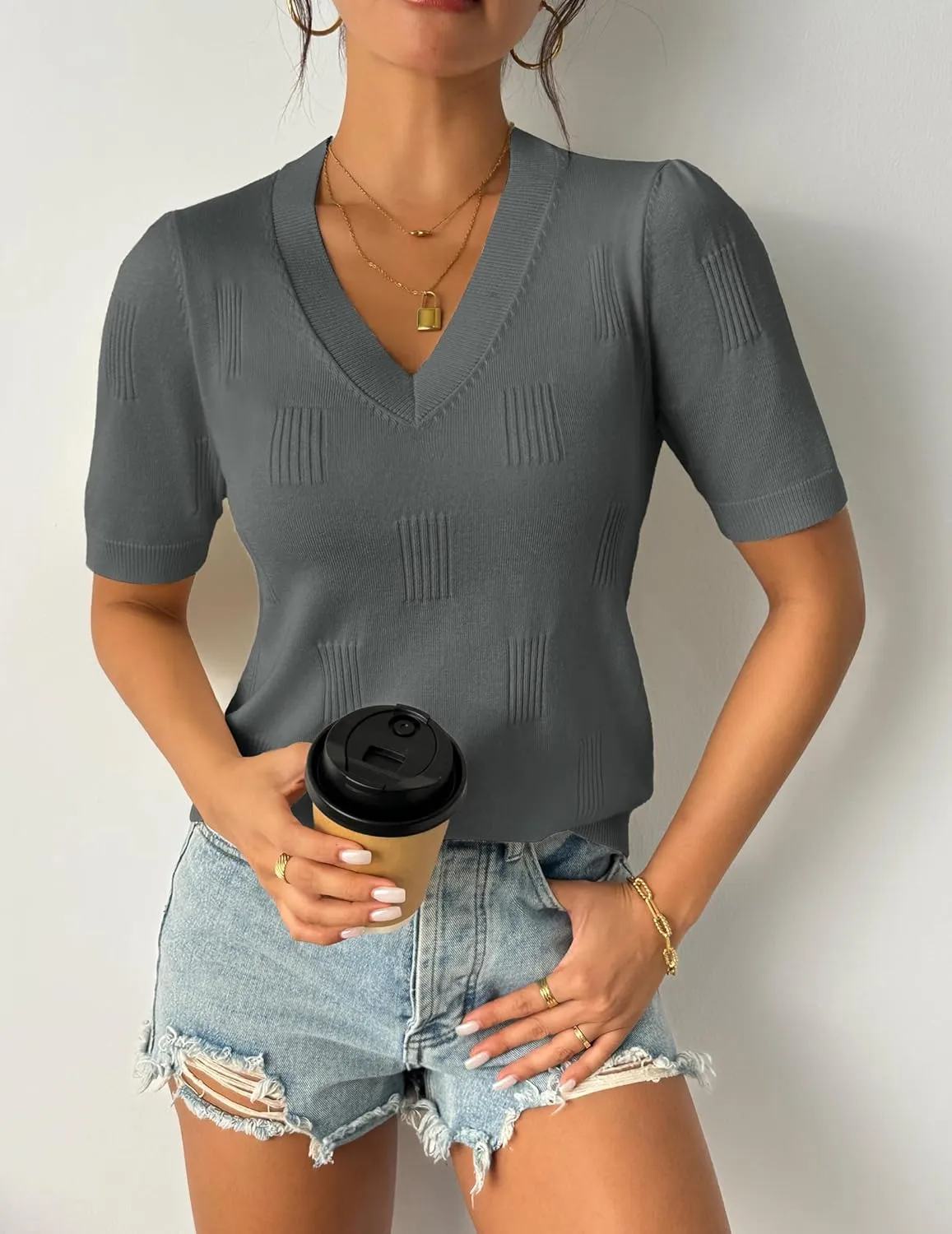 Zeagoo Short Sleeve Sweaters Soft Casual V Neck Pullover Tops