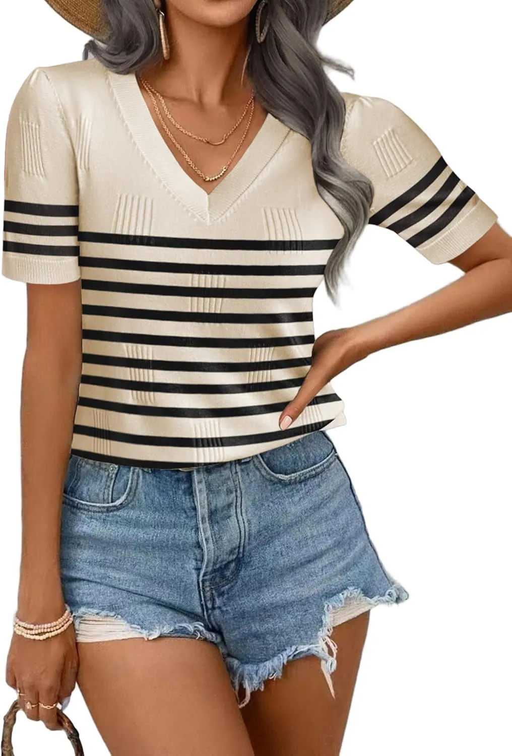 Zeagoo Short Sleeve Sweaters Soft Casual V Neck Pullover Tops