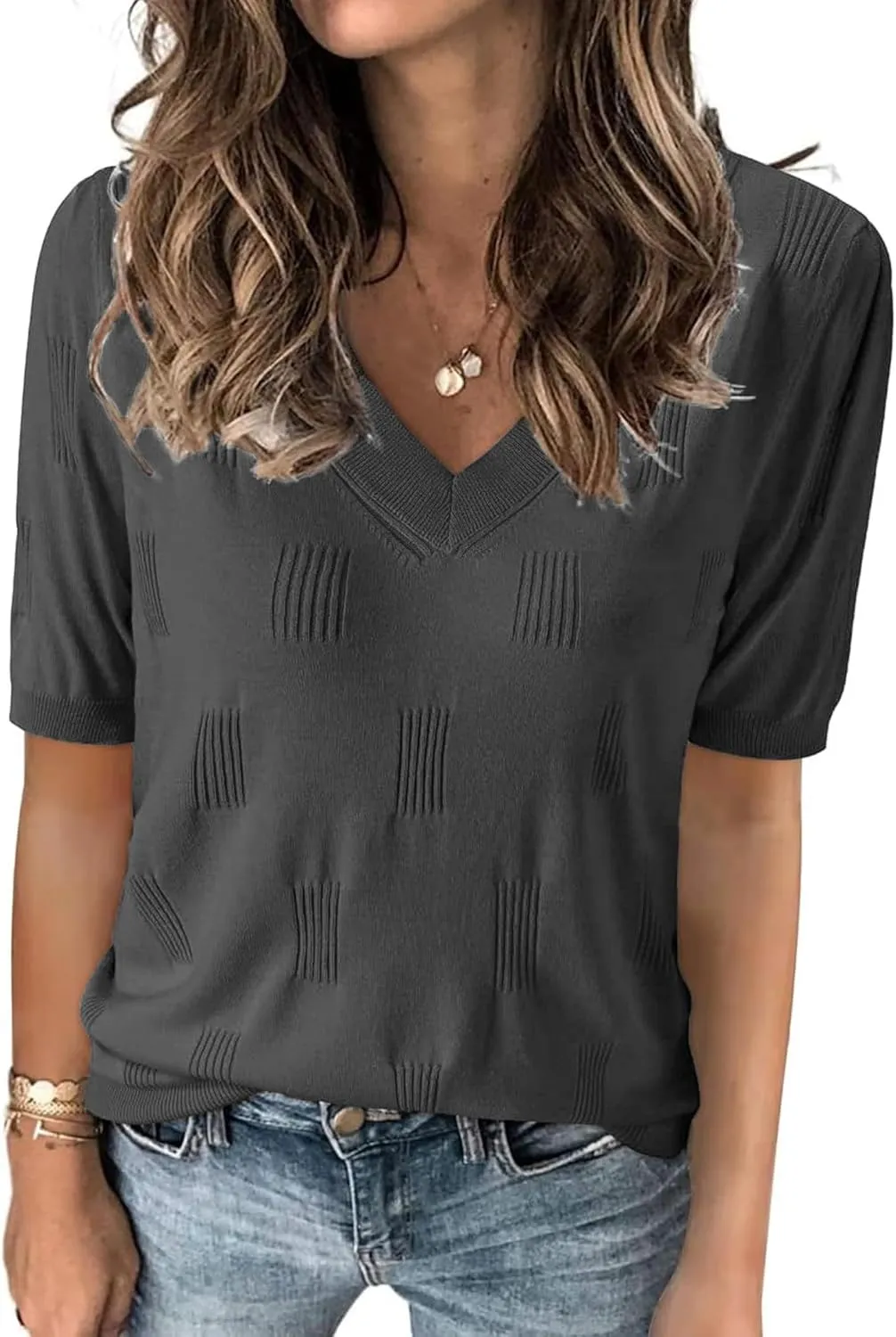 Zeagoo Short Sleeve Sweaters Soft Casual V Neck Pullover Tops