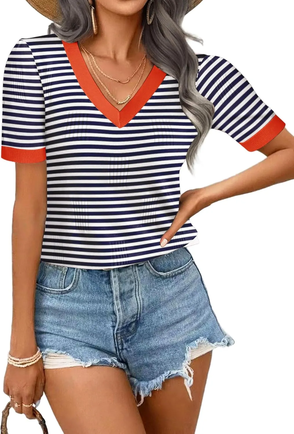 Zeagoo Short Sleeve Sweaters Soft Casual V Neck Pullover Tops